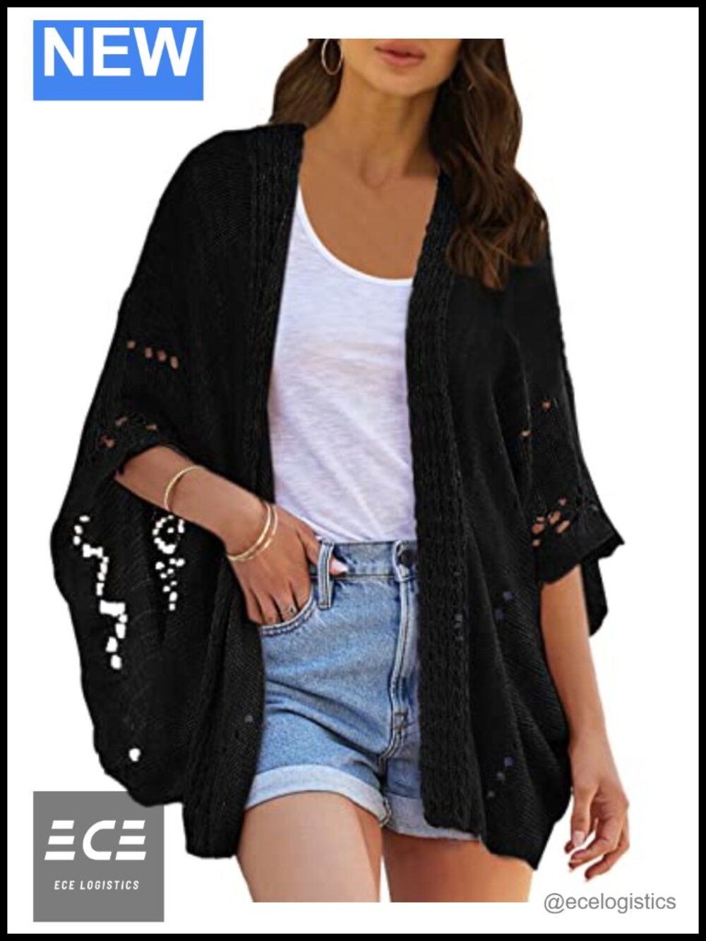 Crochet Open Front Kimono Cardigan Batwing Sleeve Lightweight Outerwear